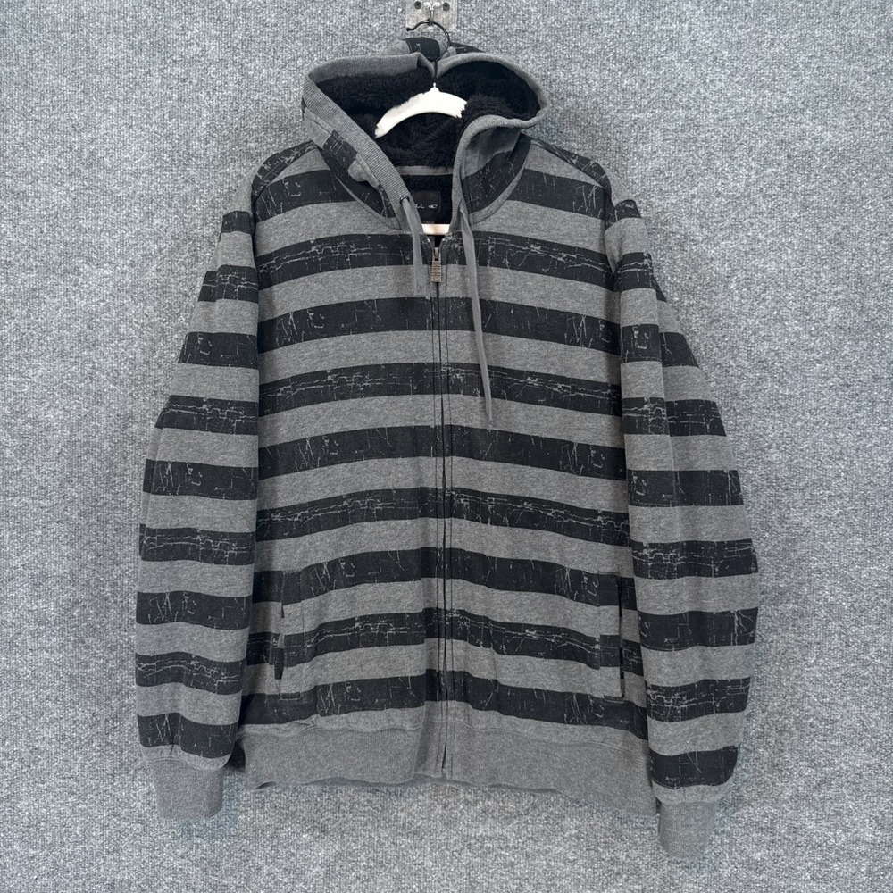 Vintage Y2K Oneill Hoodie Men Large Gray Striped Sherpa Lined Zip Up Sweatshirt